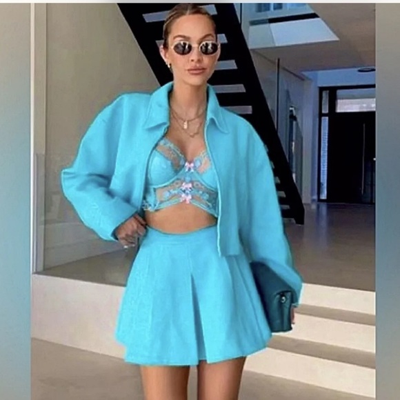 Zara Sky Blue Tweed Block Pleated Mini Skirt skort short size s new - Picture 3 of 7